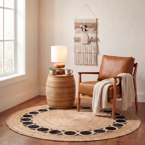 Miniatura 13 de SAFAVIEH Natural Fiber Round Collection NF370Z - Alfombra redonda de yute y cuero de 3 pies, hecha a mano, color beige y negro