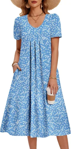 Miniatura 22 de Zeagoo Vestido de verano para mujer, casual, floral, midi, con bolsillos, cuello en V, plisado, manga corta, estilo alineado, para vacaciones