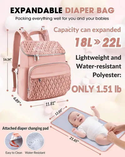 Miniatura 2 de Mochila para pañales, bolsa de bebé grande para niñas y niños, mochila de pañales de viaje con bolsillo aislado, bonita bolsa de pañales con correas