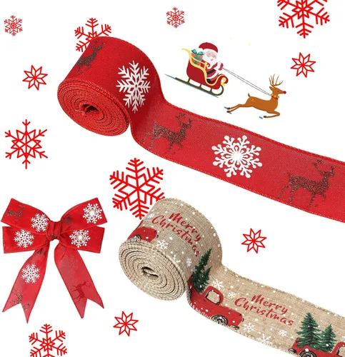Miniatura 7 de Cinta de Navidad con cable de 2.5 pulgadas x 11 yardas, cinta de Navidad roja y de arpillera para coronas, lazos, manualidades, 2.5 pulgadas