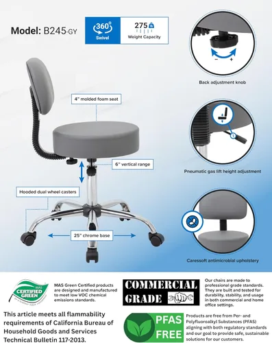 Miniatura 5 de Taburete médico Boss Office Products, cómodo, en color beige, Tela, Gris