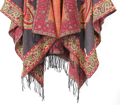 Miniatura 5 de Poncho con flecos, con estampado vintage, estilo retro, a la moda, para mujer. Capa, chal.
