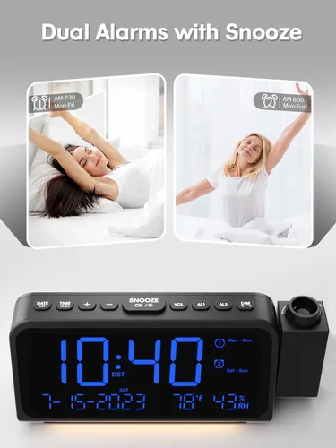 Miniatura 5 de ROCAM Reloj despertador de proyección para techo de dormitorio, reloj digital con proyector de 180° con atenuador de 5 niveles, alarma fuerte dual