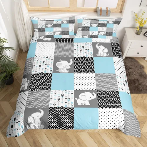 Homewish Juego de ropa de cama de elefante, tamaño Queen, funda de edredón a rayas azules para niños y niñas, juego de funda de edredón de animales