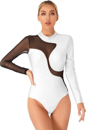 Miniatura 56 de iiniim Leotardo de malla para mujer, con diamantes de imitación, de malla, de manga larga, leotardos de gimnasia
