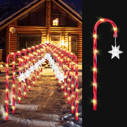 16 luces LED de 16.5 pulgadas con 128 luces LED de bastón de caramelo de Navidad con estacas y copo de nieve, luces de marcador de camino de bastón
