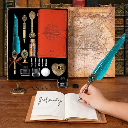 Miniatura 3 de Aifeiter - Set de pluma estilográfica y tinta, juego de caligrafía con pluma de ave y sello de cera, cuaderno - Hermoso regalo para Navidad - Verde