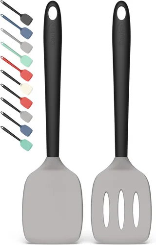 Coukre Juego de 2 espátulas de silicona, resistentes a altas temperaturas, libres de BPA, espátulas de cocina, volteadoras sólidas y ranuradas para