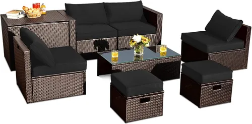 Tangkula Patiojoy - Juego de muebles de patio de 8 piezas, sofá seccional de ratán PE para 6 personas con funda impermeable, para jardín, cubierta,