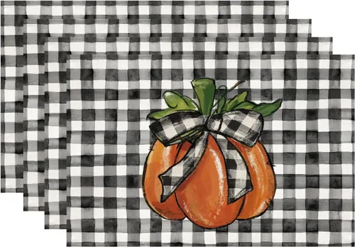 Siilues Decoraciones de Acción de Gracias, manteles individuales y camino de mesa de calabaza con hojas de otoño (4 unidades)