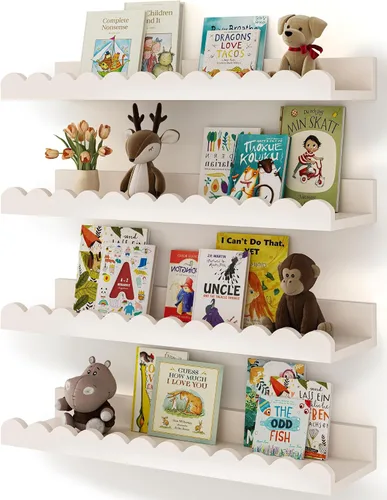 Miniatura 15 de Shario Estantes para libros de guardería, paquete de 4 estantes flotantes para pared de niños, estantes festoneados, estantes de pared
