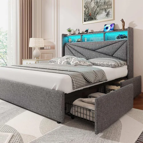 Driftalia Marco de cama LED de tamaño completo con 4 cajones de almacenamiento, marco de cama de tamaño completo tapizado con cabecera de 2 niveles