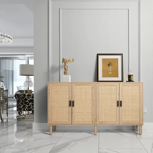 Miniatura 4 de Finnhomy Aparador Buffet de 4 Puertas, Gabinete de Almacenamiento de Cocina con Puertas Decoradas de Ratán, Mesa Consola de Alacena, Gabinete