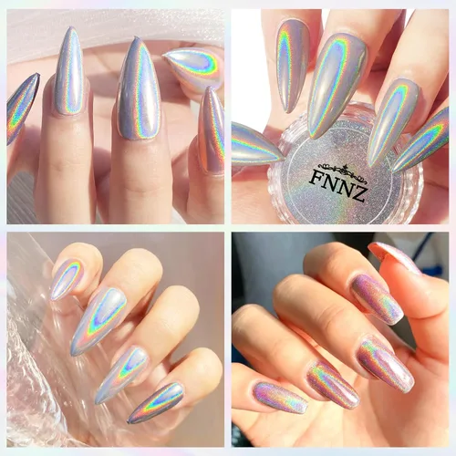Miniatura 5 de FNNZ Polvo de uñas holográfico, polvo de uñas cromado para decoración de uñas, purpurina fina holográfica Aurora Rainbow efecto espejo metálico