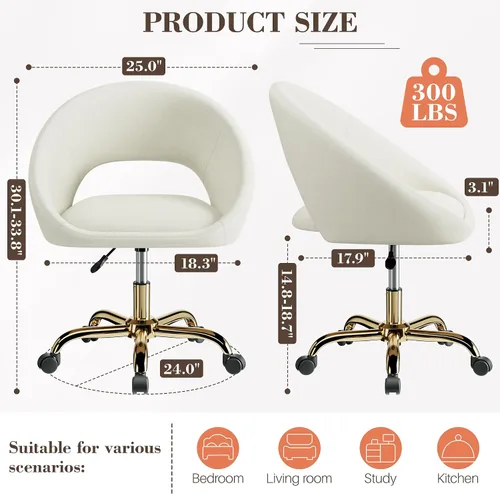 Miniatura 3 de Silla de Tocador con Ruedas, Cómodas Sillas de Escritorio para Oficina en Casa Ajustables Silla de Maquillaje de Terciopelo Moderna para Dormitorio