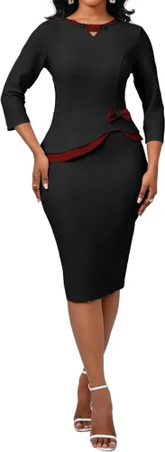 Miniatura 3 de Oxgmoky Vestido de iglesia para mujer, vestido de trabajo, negocios, entallado, manga 34, cuello redondo, vestidos de lápiz