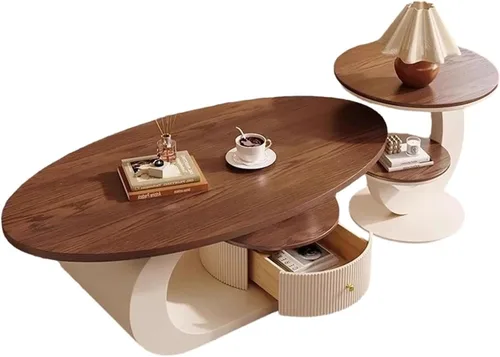 Miniatura 8 de Juego de mesa de centro ovalada moderna de 2 piezas, mesas de centro anidables con almacenamiento, mesa auxiliar con marco de metal, mesa de centro