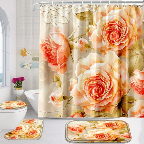 Miniatura 7 de Poedist Juego de 4 cortinas de ducha de baño, juego de cortina de baño con rosas azules, juegos de cortinas de ducha con alfombras
