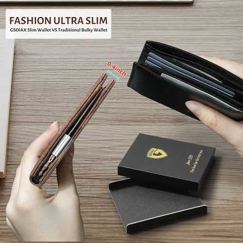 Miniatura 42 de GSOIAX Cartera delgada de cuero plegable RFID para hombre, billetera minimalista con bolsillo frontal con clip para dinero, 12 ranuras para Negro