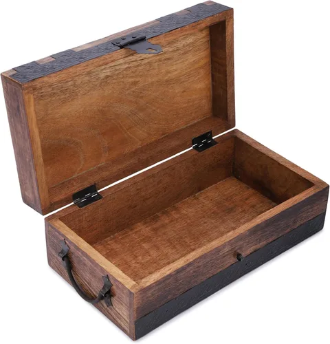 Miniatura 8 de Ajuny Cofre del tesoro de madera hecho a mano, caja de recuerdo vintage y joyería con tiras de concha, almacenamiento de regalo multiusos
