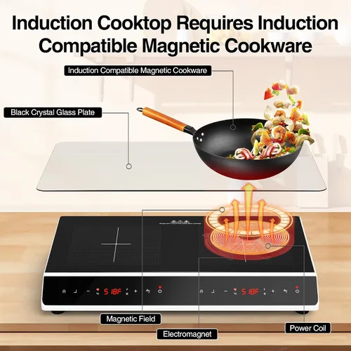 Miniatura 4 de GIHETKUT Placa de cocción de doble inducción, 4000 W, 2 quemadores, placa de inducción con pantalla táctil LED, 10 niveles de ajustes con bloqueo