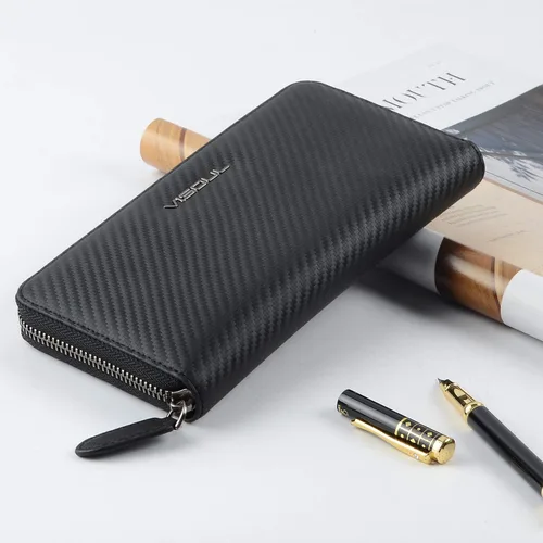 Miniatura 12 de VISOUL Cartera larga de cuero con cremallera para hombres y mujeres con bloqueo RFID, cartera larga de embrague grande con cremallera, Negro