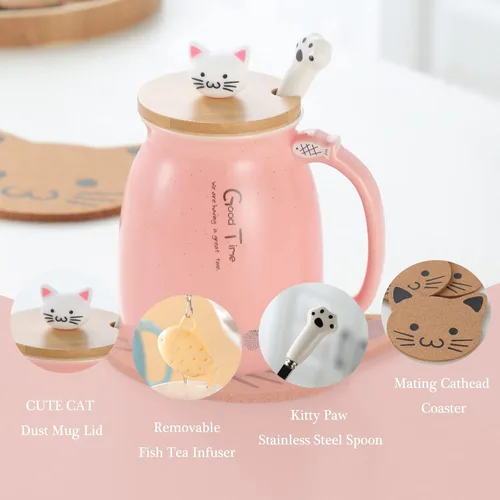 Miniatura 2 de Taza Kawaii de Té BigNoseDeer con Infusor Linda Taza de Gato de Cerámica Taza de Café Taza de Té Rosada Linda Cosas Preppy Regalos para Mujeres