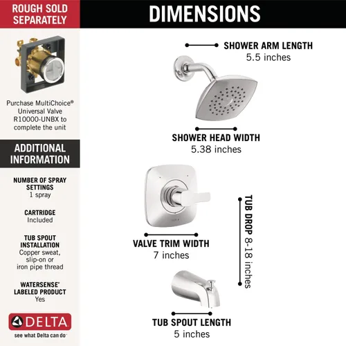 Miniatura 3 de Delta Faucet Modern Kit de Acabado Cromado de Una Sola Manija para Bañera y Ducha, Grifo de Ducha con Cabezal de Ducha de Un Solo Rociador Cromo