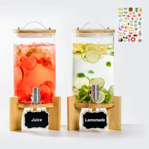 Miniatura 10 de Dispensador de bebidas de vidrio grande de 1.2 galones para fiestas, dispensador de bebidas con soporte de madera de bambú y grifo de acero