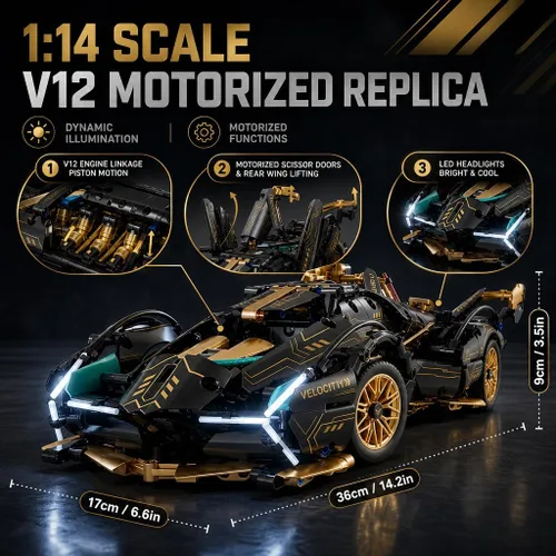Miniatura 3 de Kit de coche a control remoto a escala 1:14 V12, kit de modelo de coche deportivo, 975 piezas, luces LED, 2.4 GHz y juguete de control remoto por