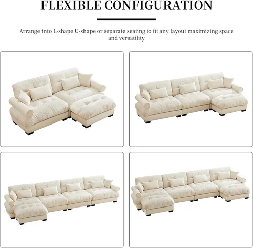 Miniatura 7 de Sofá modular de gran tamaño de 94 pulgadas, sofás seccionales grandes de color beige y blanco para sala de estar, juego de sofá de terciopelo, sofás