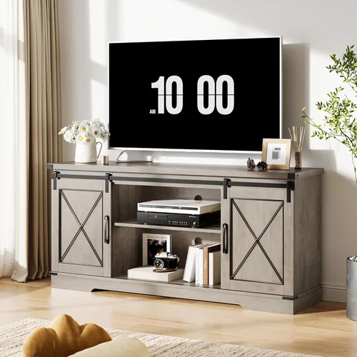 Miniatura 8 de GarveeHome Soporte de TV de granja para TV de hasta 65 pulgadas y centro de entretenimiento con puertas corredizas de granero y estante ajustable