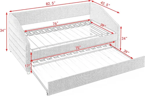 Miniatura 2 de Flieks Sofá cama tapizado de tamaño individual con nido, sofá cama tapizado de tela de lino, cama nido con ruedas y marco de madera, no necesita