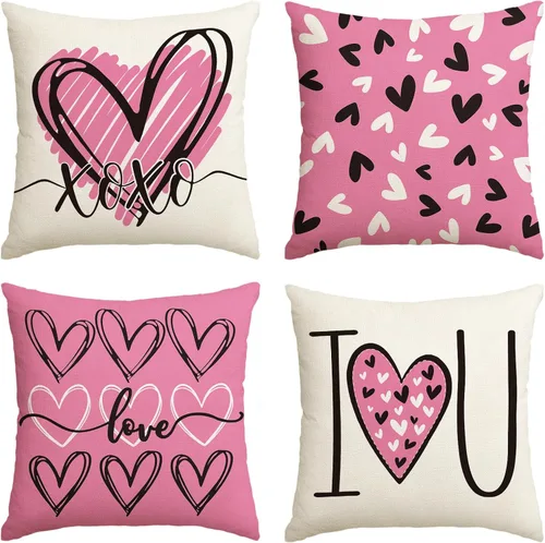 AVOIN colorlife Juego de 4 fundas de almohada rosas con corazones de San Valentín, 18 x 18 pulgadas, diseño de corazones de San Valentín, decoración