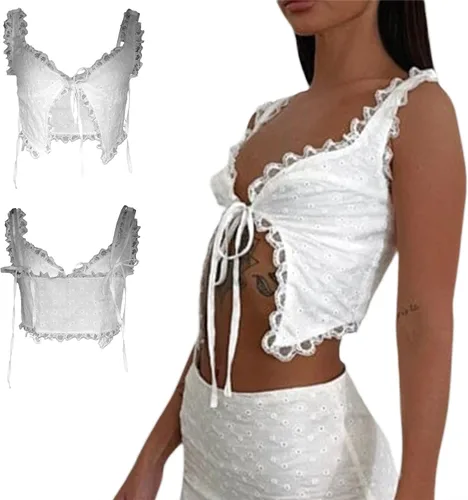 Miniatura 6 de Women Lace Trim Cami Tanks Sleeveless Tie Up Crop Shirt Tops Slim Fit Retro Open Front Cardigan Fairy Y2k Tank Top