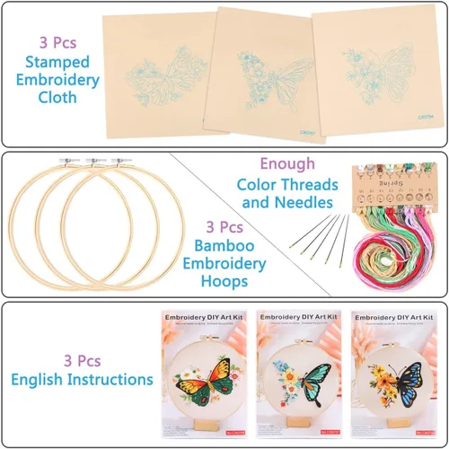 Miniatura 2 de MIKIMIQI Paquete de 3 kits de bordado con patrón, kit de bordado estampado de flores y mariposas que incluye telas de bordado, aros de bambú, agujas