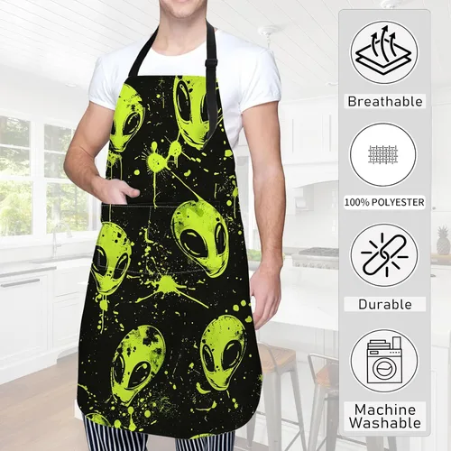 Miniatura 3 de Delantal verde de alienígena, delantal de cocina ajustable de tela Oxford con 2 bolsillos, delantales de cocina impermeables para hombres, mujeres