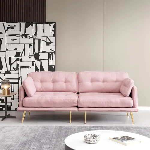 Anwick Sofá biplaza moderno de tela de lino tapizado de 3 plazas con patas de metal y almohada para sala de estar, dormitorio, apartamento, Rosado