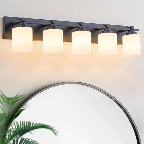 Miniatura 24 de 1 Luminaria Moderna de Baño sobre Espejo, Luces de Tocador Negro Dorado para Apliques de Pared de Baño con Pantallas de Vidrio Blanco Lechoso