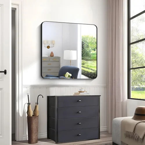 Miniatura 3 de Espejos de baño negros para pared, espejo cuadrado de 30 x 30 pulgadas, espejo de pared con marco de metal de esquina redondeada, espejo de tocador