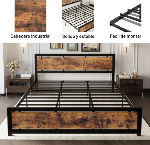 Miniatura 4 de Base de cama king LIKIMIO con cabecera y pie de cama, soportes metálicos resistentes, fácil montaje, libre de ruidos, no necesita somier