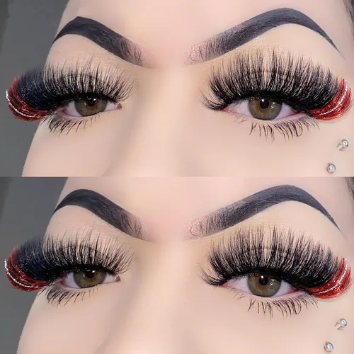 Miniatura 3 de Pestañas postizas negras con reflejos rojos, 1 par de pestañas de tira voluminosa con purpurina para un aspecto dramático, color rojo en el extremo