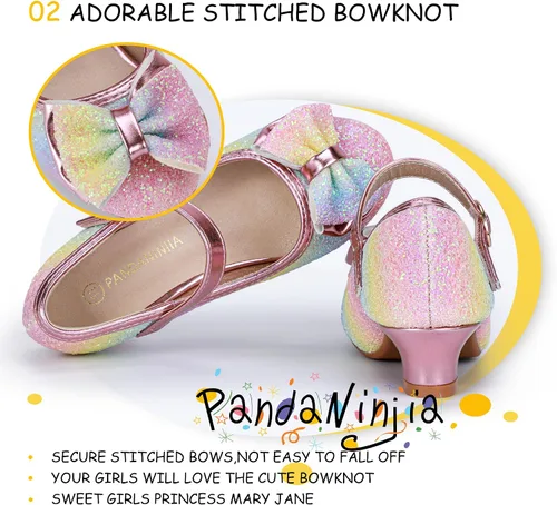Miniatura 9 de PANDANINJIA Vestido de jada para niñas y niños pequeños, zapatos de princesa Mary Jane con tacones con lazo para fiesta, boda, boda