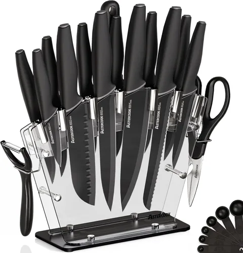 Astercook Juego de cuchillos con bloque y afilador, juego de cuchillos de cocina de 22 piezas, apto para lavavajillas, bloque de cuchillos Negro