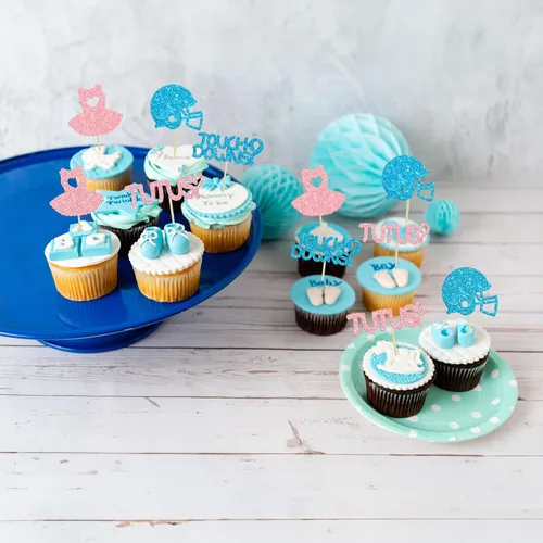 Miniatura 7 de Gyufise 24 piezas de decoración de cupcakes para niños o niñas, tutús para retoque de género, decoración de rugby para fiesta de revelación
