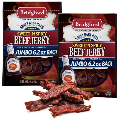 Bridgford Sweet Baby Ray's Beef Jerky Sweet N Spicy - Paquete de 2 unidades de 6.2 onzas, cecina de res picante endulzada con alto contenido de