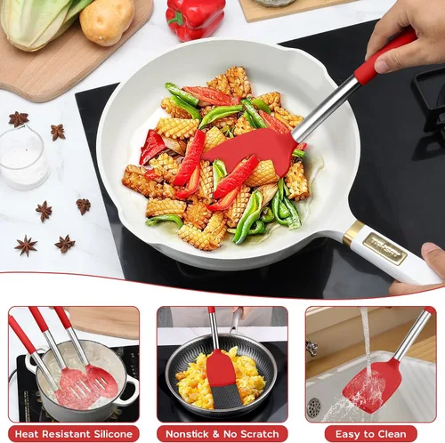 Miniatura 4 de Onader Juego de 15 utensilios de cocina de silicona, juego de espátulas rojas para utensilios de cocina con soporte, herramientas y accesorios Rojo
