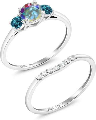 Miniatura 2 de Juego de anillos de compromiso nupcial de oro blanco de 10 quilates, topacio místico y topacio azul londinense y diamante cultivado en laboratorio