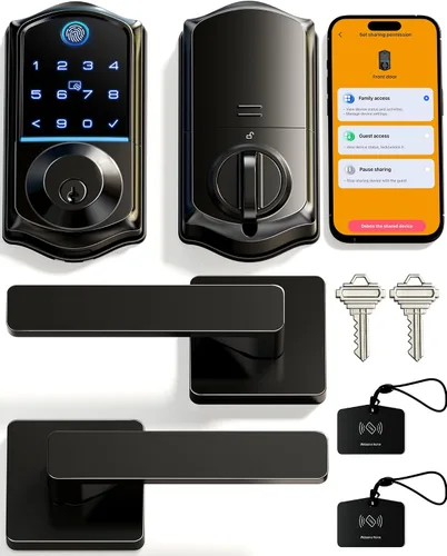 Veise VE017-B Cerradura inteligente de huellas dactilares para puerta delantera, control de aplicación, cerrojo de entrada sin llave 8 en 1 con 2