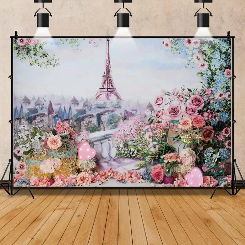 Miniatura 2 de Telón de fondo de torre Eiffel de 5 x 3 pies para fotografía, flores rosadas, paisaje de París, decoración de boda, aniversario, fiesta, accesorios